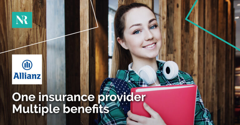 Image of a female student holding books with headphone with the text, One insurance provider - multiple benefits