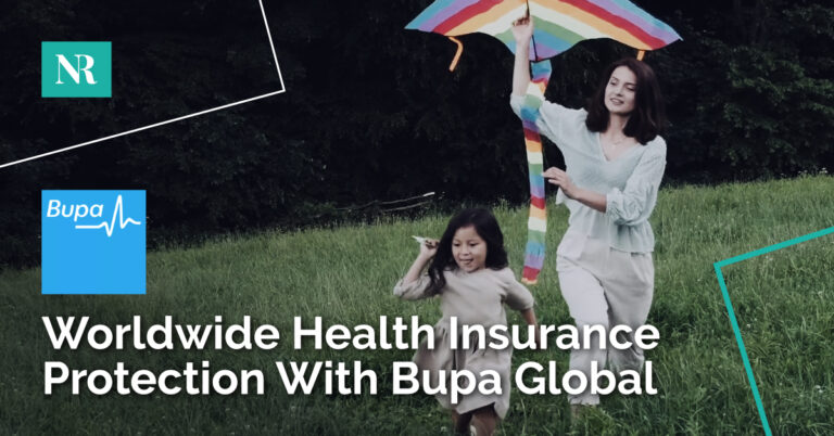 Image of mother and daughter playing with a kite. With text, Bupa — Worldwide Health Insurance Protection With Bupa Global.