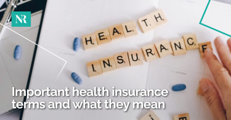 Image of someone using scrabble pieces to make out the words health insurance, with the words, Important health insurance terms and what they mean.