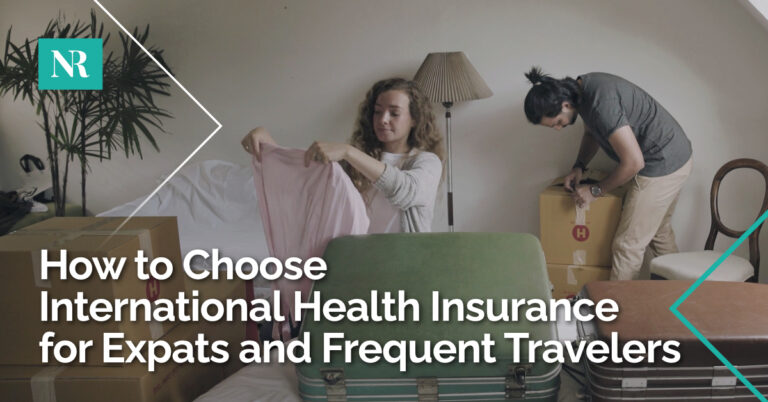 Image of two people packing to travel, with the words, How to Choose International Health Insurance for Expats and Frequent Travelers
