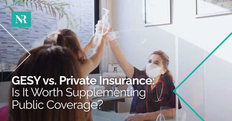 A nurse passing hand disinfectant to a child held by its parent. With the words, GESY and Private Insurance, How Can Public Insurance Be Complemented by Private Insurance