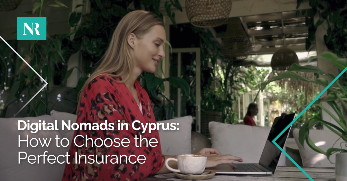 Picture of a professional female digital nomad, doing her work in a hotel cafeteria with the words, Digital Nomads in Cyprus, How to Choose the Perfect Insurance
