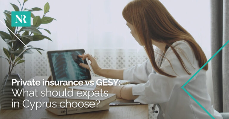 Picture of a doctor sitting at a desk viewing a patient x-ray, with the words, Private Health Insurance vs GESY: what should expats choose