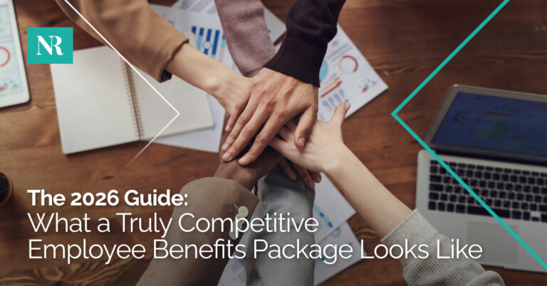 A huddle of hands from employees, with the words, The 2026 Guide, What a truly Competitive Employee Benefits Package Looks Like