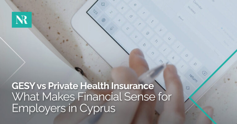 Image of someone working off of a tablet, with the words, GESY vs Private Health Insurance What Makes Financial Sense for Employers in Cyprus