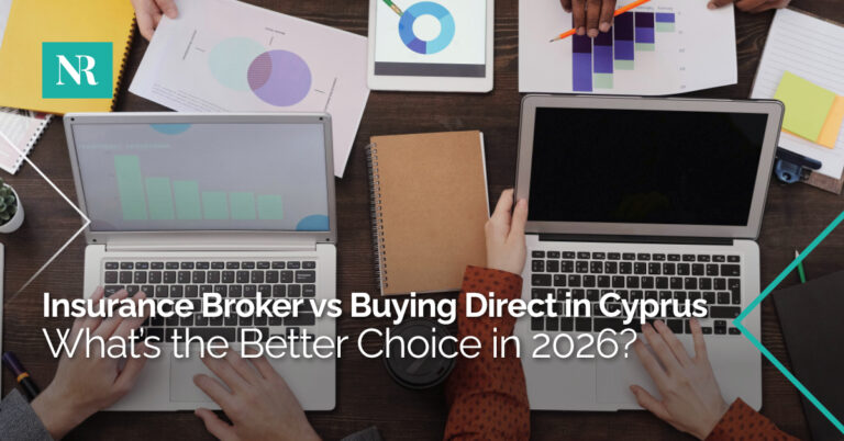 Overhead view of people working on laptops and analyzing charts with text overlay: Insurance Broker vs Buying Direct in Cyprus - Whats the Better Choice in 2026?