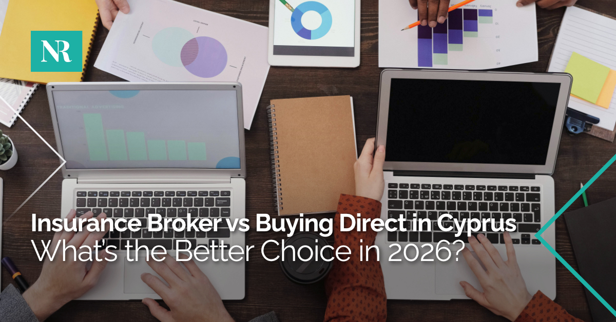 Overhead view of people working on laptops and analyzing charts with text overlay: Insurance Broker vs Buying Direct in Cyprus - Whats the Better Choice in 2026?