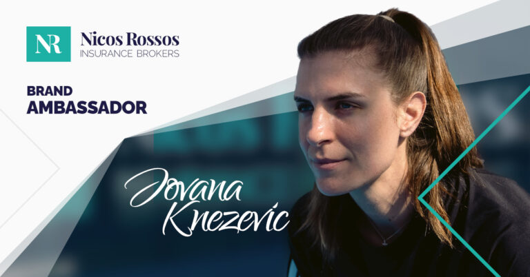 Promotional graphic for Nicos Rossos Insurance Brokers featuring Brand Ambassador Jovana Knezevic