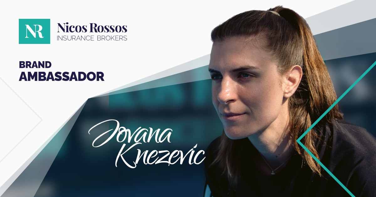 Promotional graphic for Nicos Rossos Insurance Brokers featuring Brand Ambassador Jovana Knezevic